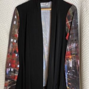 Open Front Cardigan Top with Abstract Art Sleeves and Back